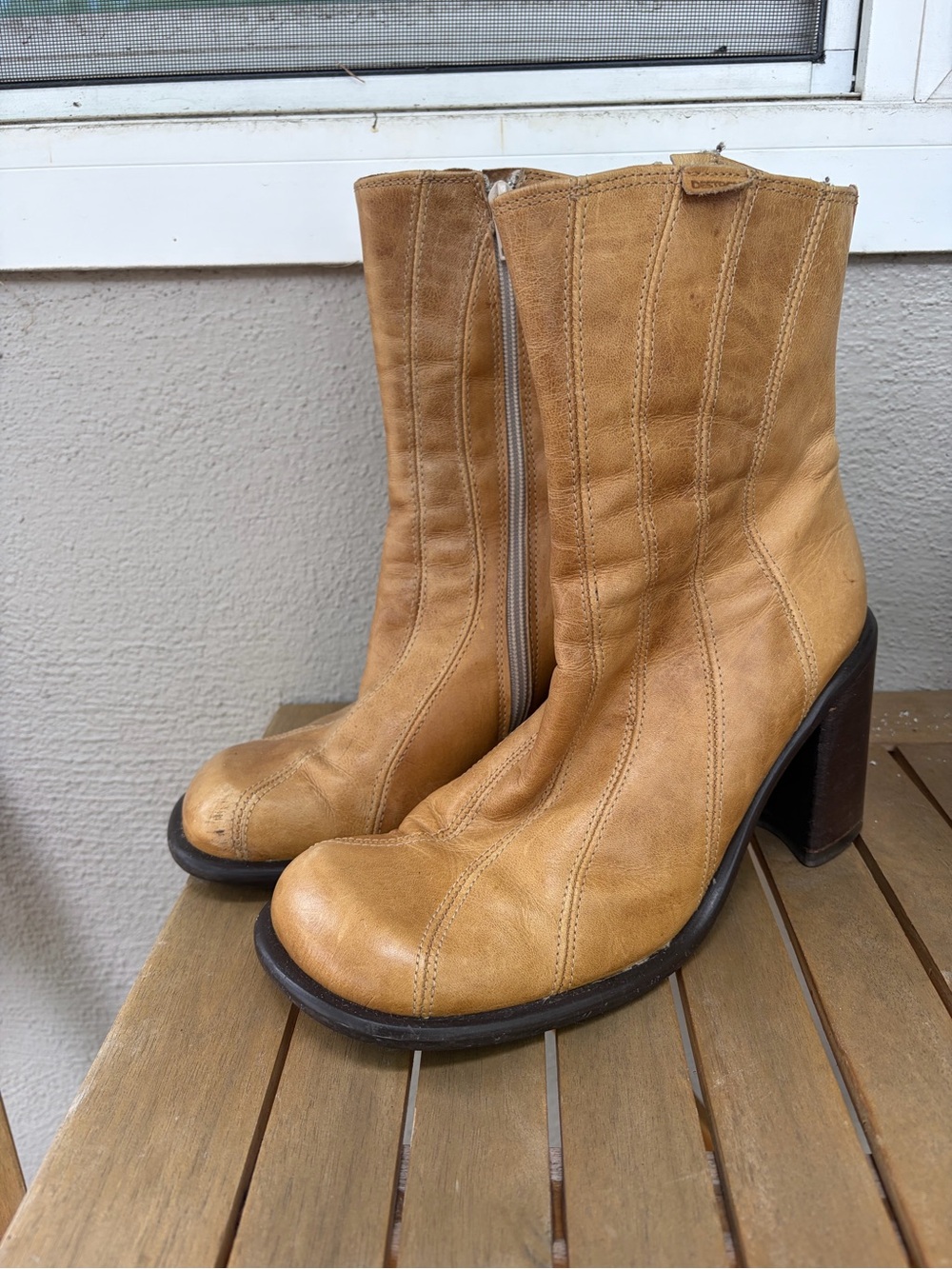 Women's Destroy brand Tan Leather Block-Heel Ankle Boots